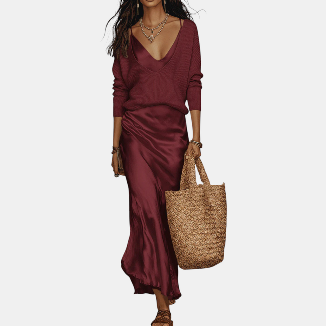 Knit sweater and satin midi skirt set two-piece for women