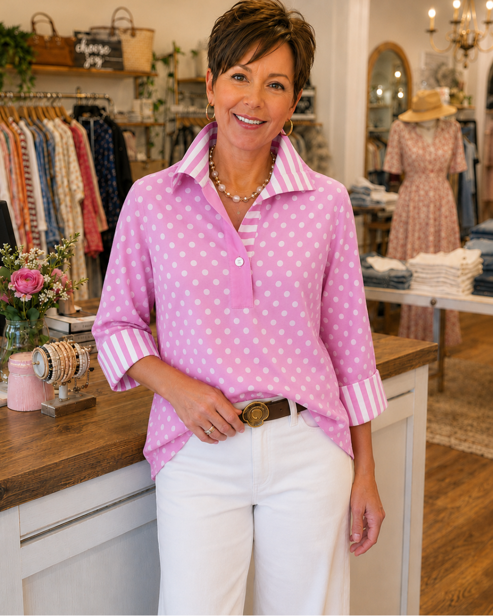 Cotton poplin polka dot blouse with striped collar for women
