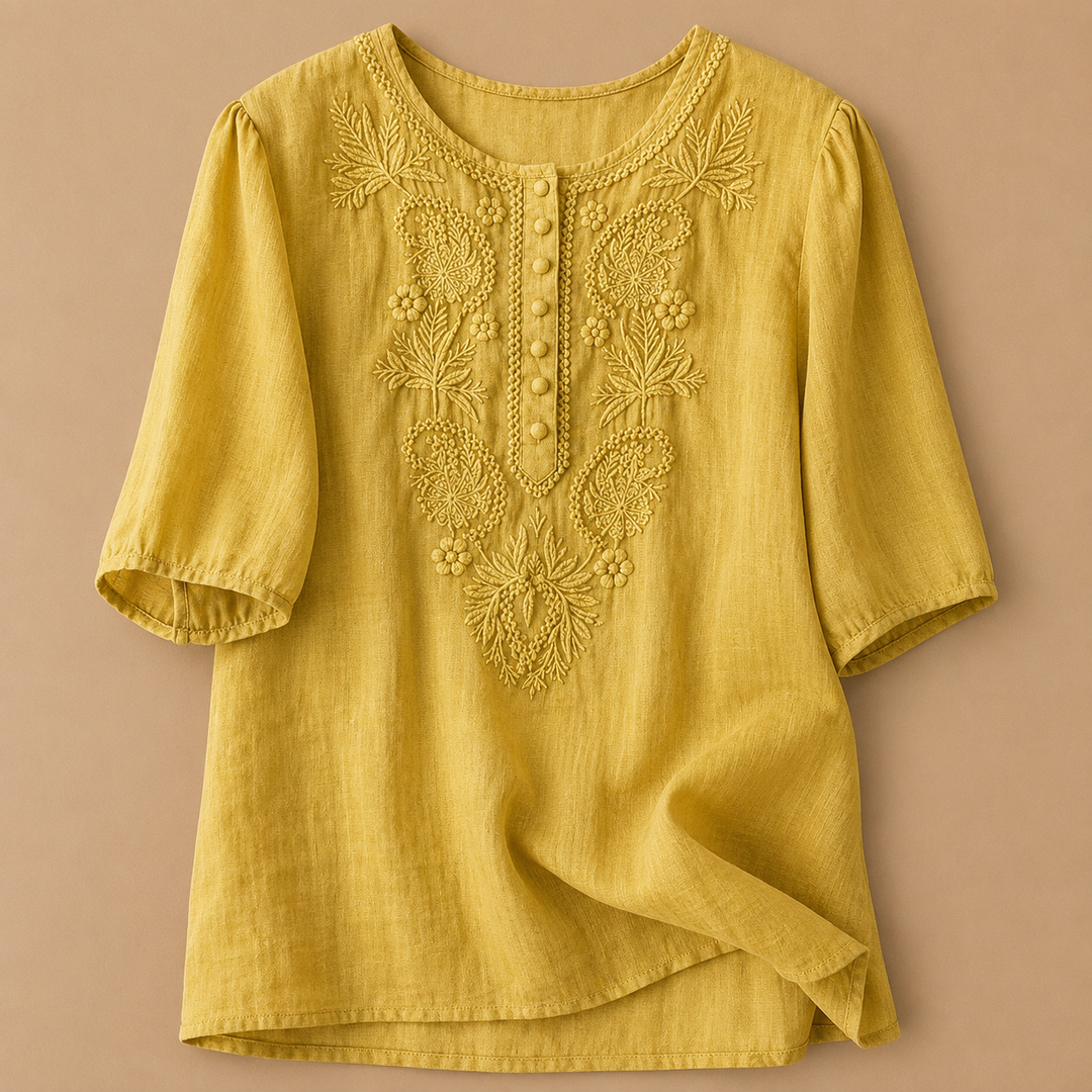Embroidered cotton linen blouse puff sleeve relaxed fit for women