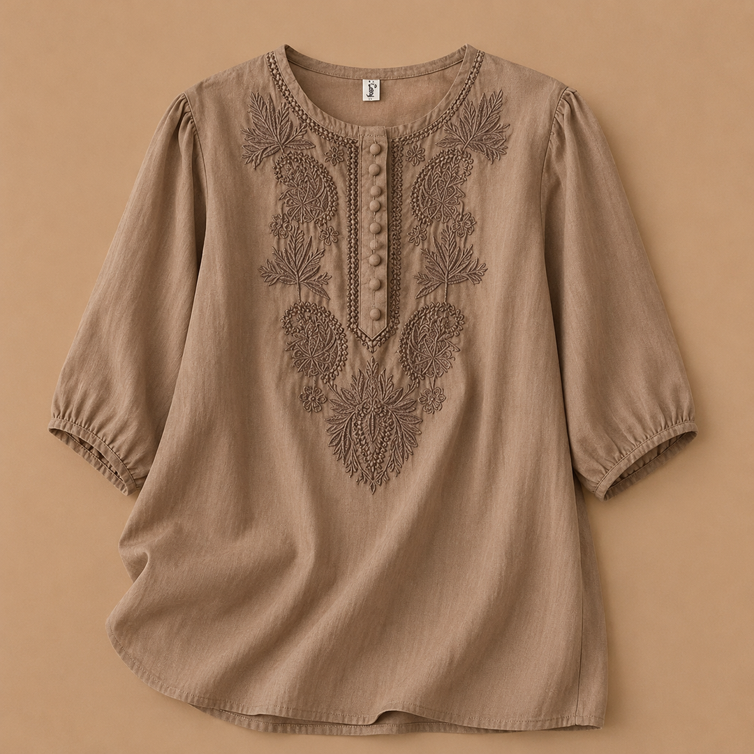 Embroidered cotton linen blouse puff sleeve relaxed fit for women