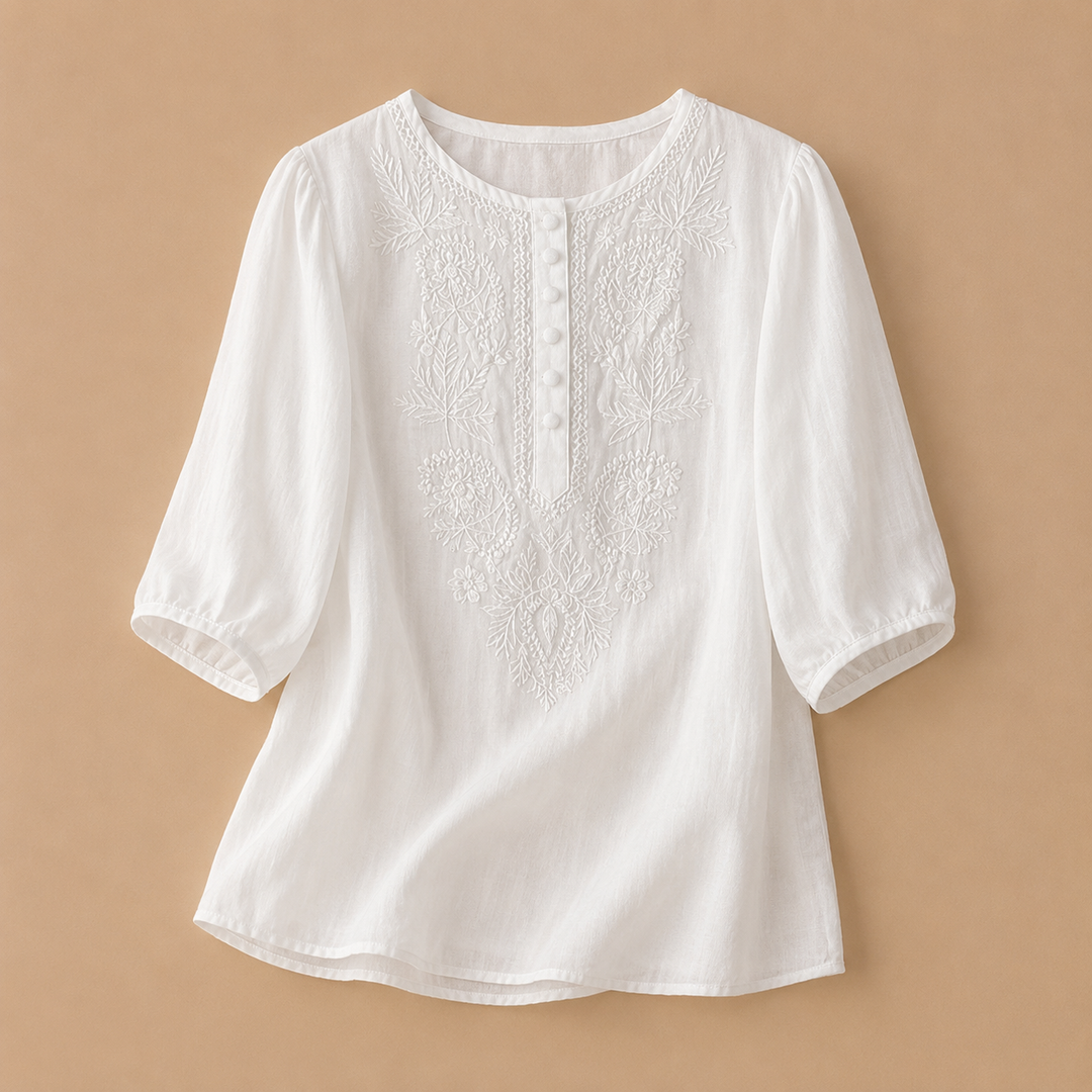 Embroidered cotton linen blouse puff sleeve relaxed fit for women