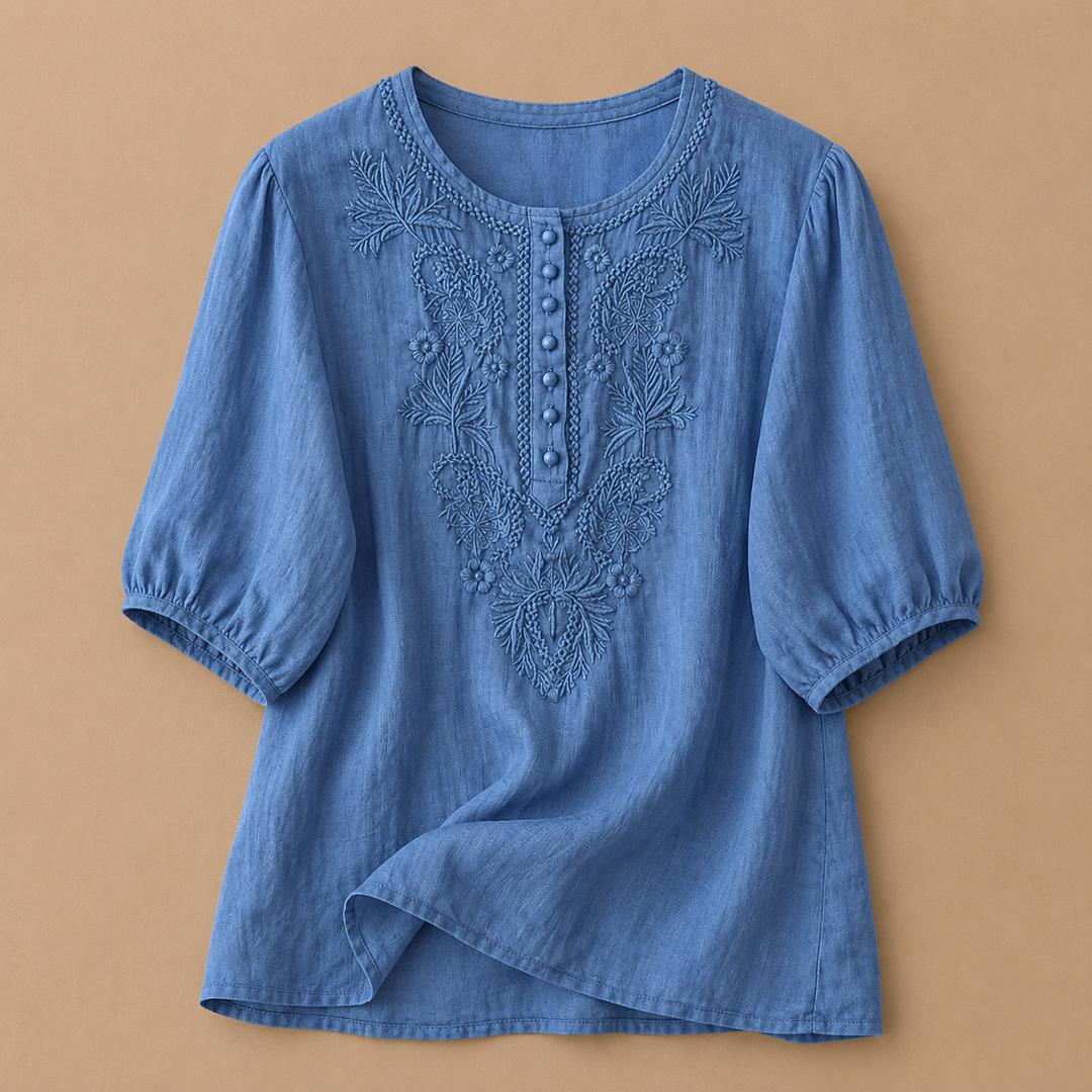 Embroidered cotton linen blouse puff sleeve relaxed fit for women
