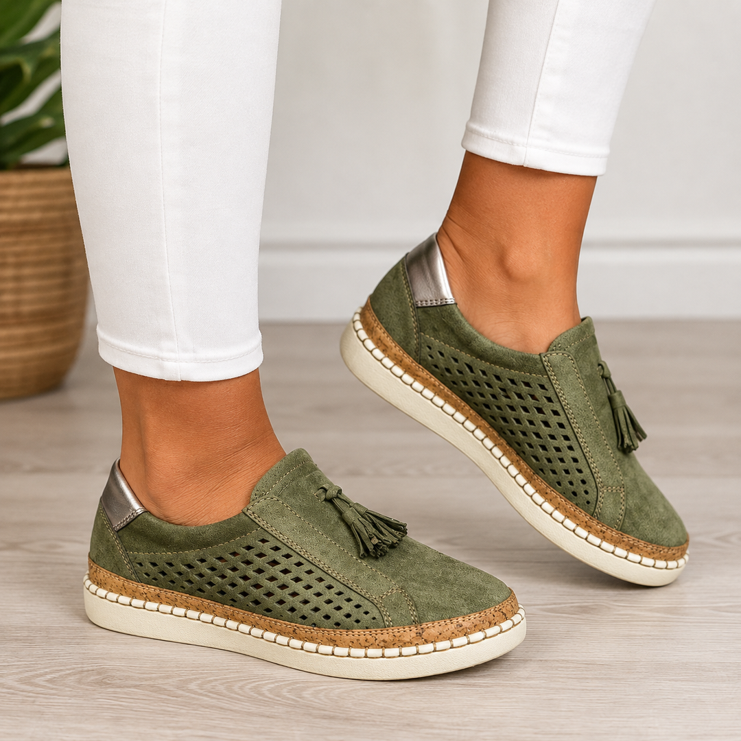Slip-on loafers perforated cushioned sole with tassel for women