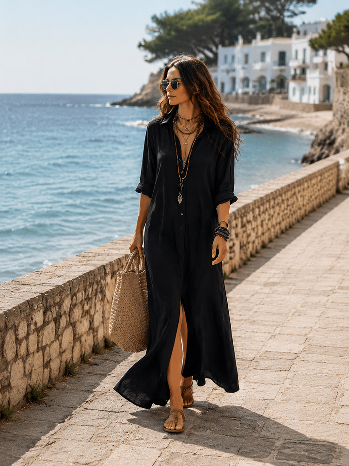 Button-front boho shirt maxi dress with long sleeves for women