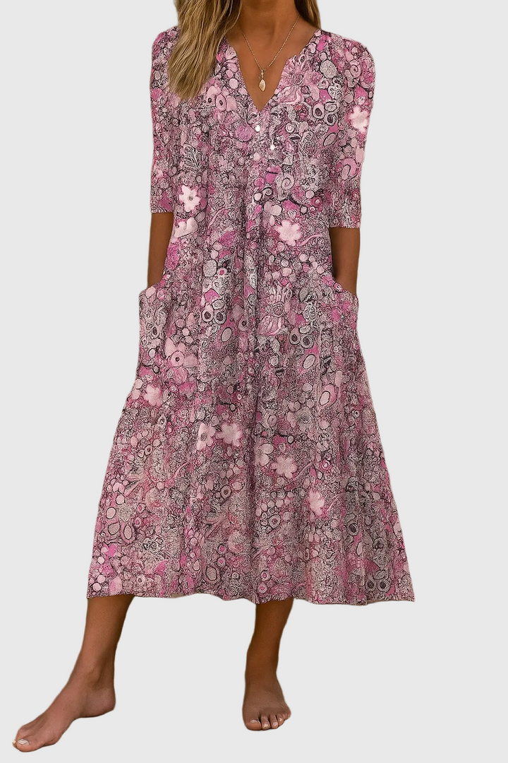 V-neck midi dress with soft drape for women