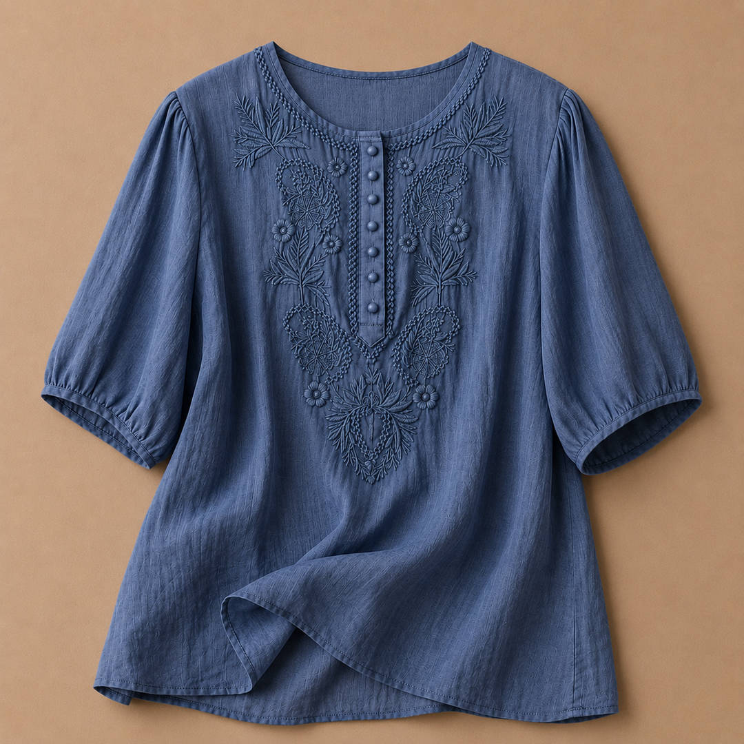 Embroidered cotton linen blouse puff sleeve relaxed fit for women