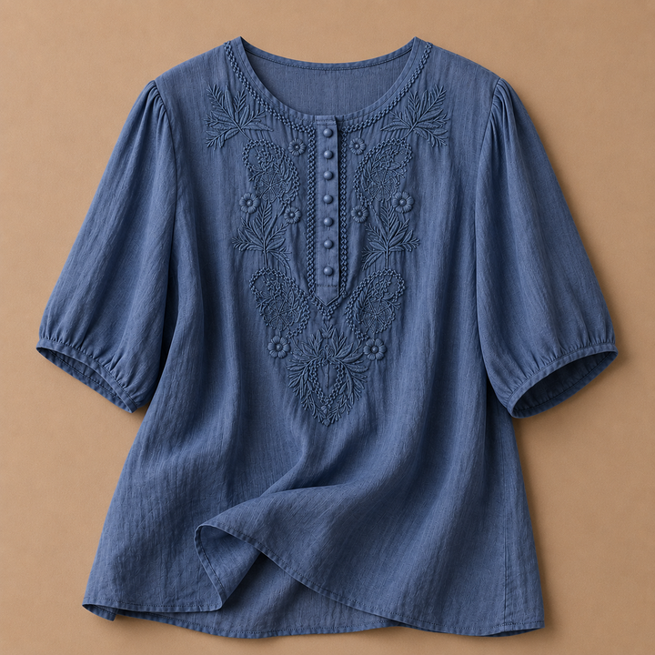 Embroidered cotton linen blouse puff sleeve relaxed fit for women