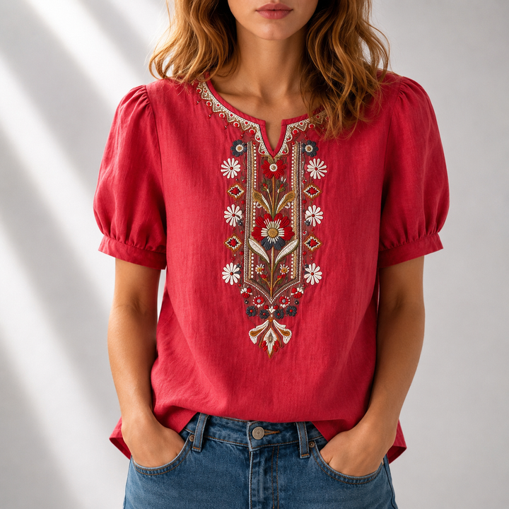 Embroidered panel blouse floral cotton linen short sleeve for women