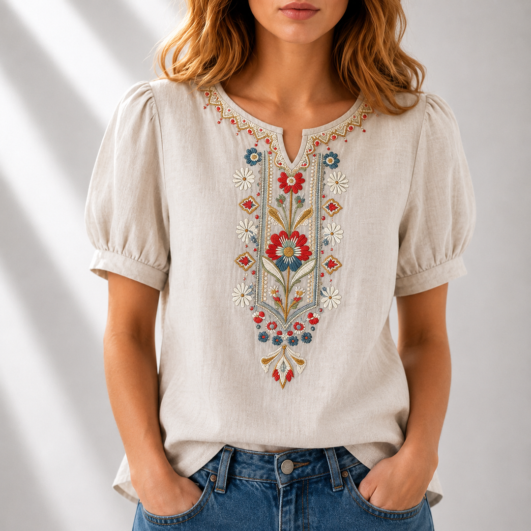 Embroidered panel blouse floral cotton linen short sleeve for women