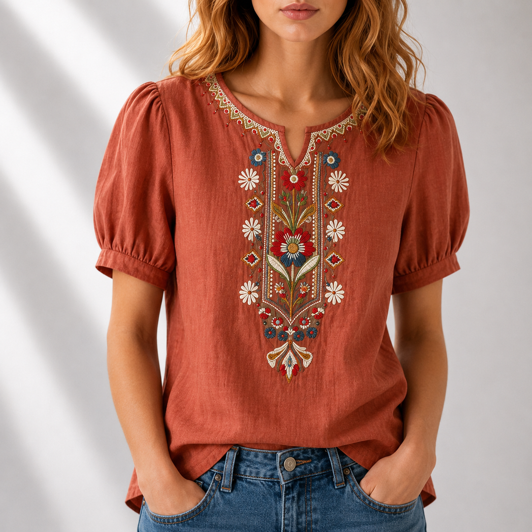Embroidered panel blouse floral cotton linen short sleeve for women