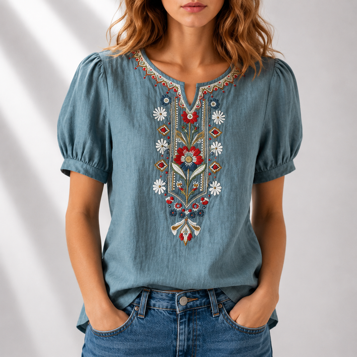 Embroidered panel blouse floral cotton linen short sleeve for women