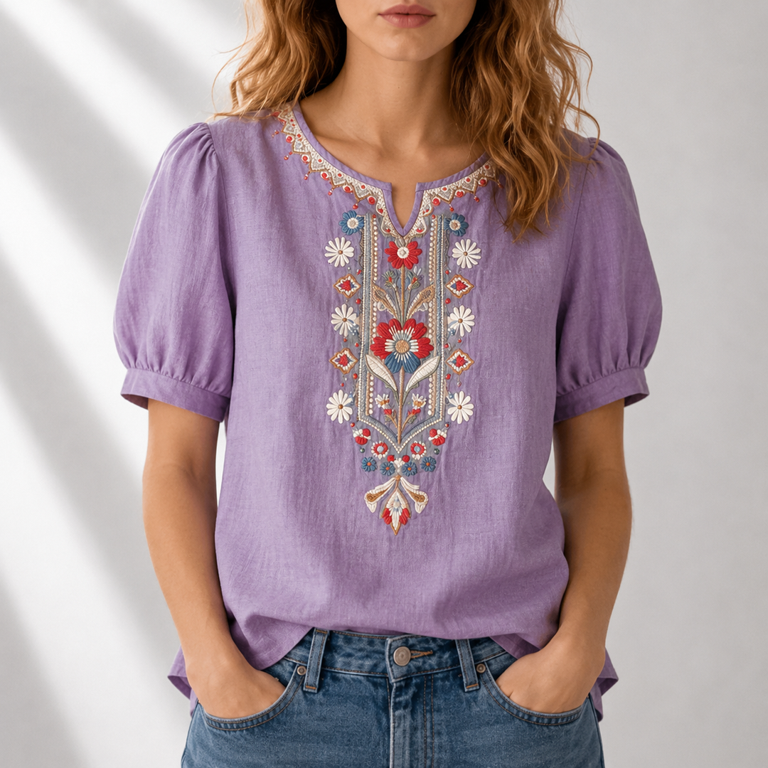 Embroidered panel blouse floral cotton linen short sleeve for women