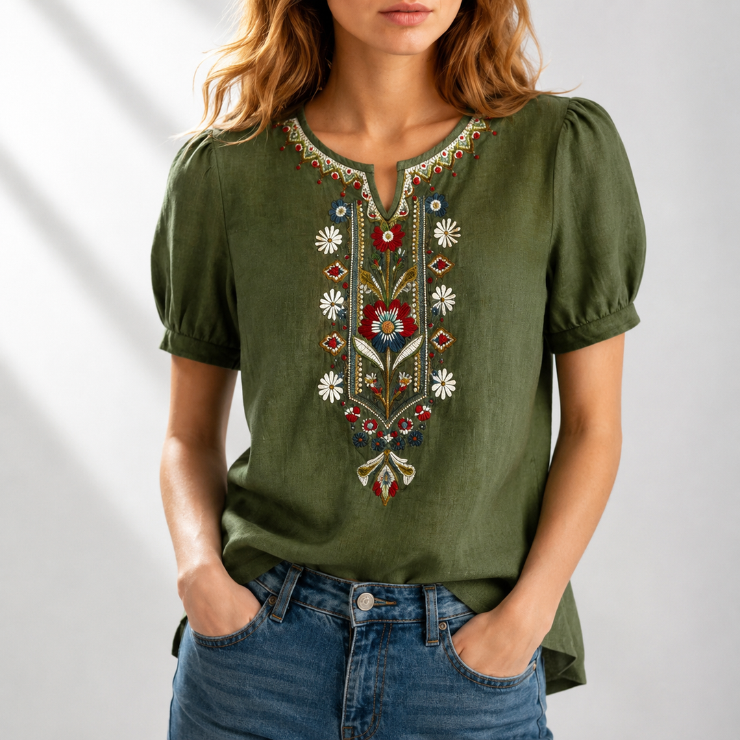 Embroidered panel blouse floral cotton linen short sleeve for women