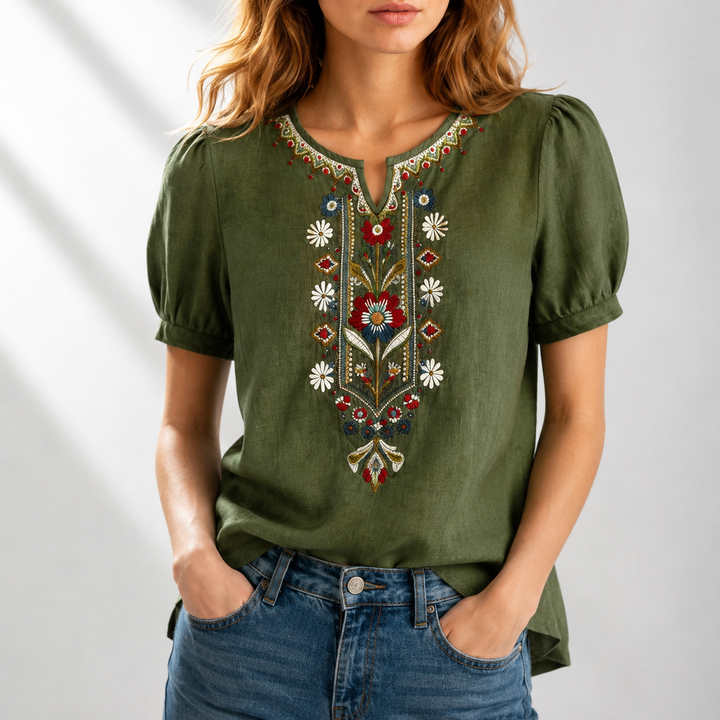 Embroidered panel blouse floral cotton linen short sleeve for women