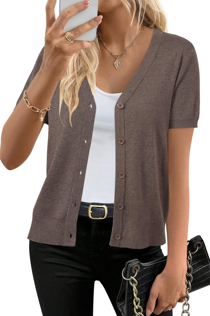 Short sleeve knit cardigan wool blend with button front for women