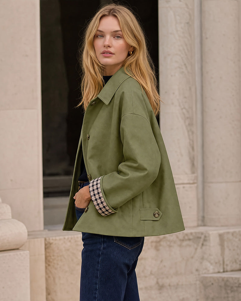 Cropped water-repellent trench jacket with check cuffs for women