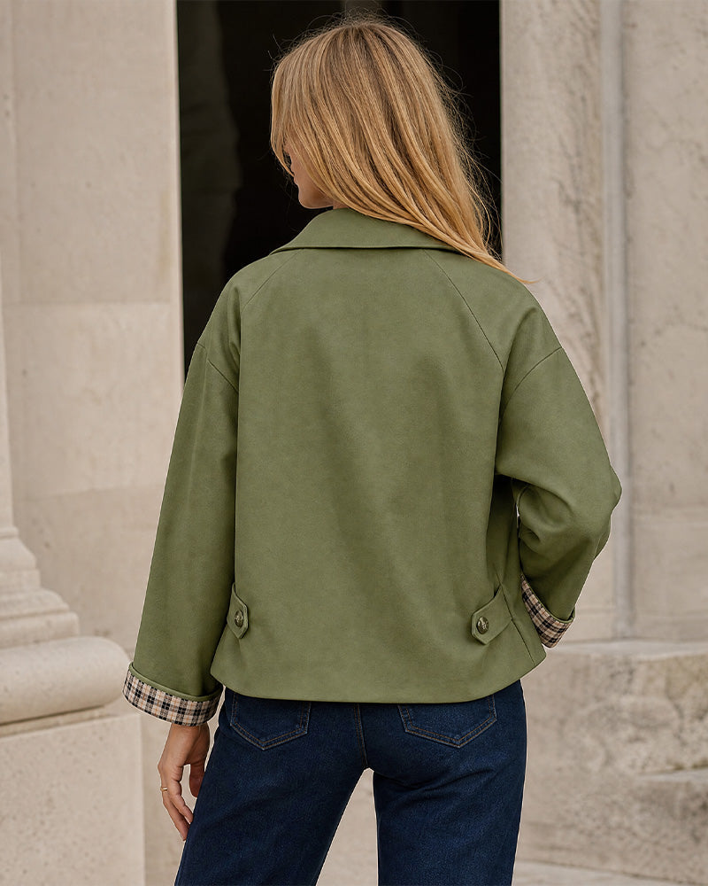 Cropped water-repellent trench jacket with check cuffs for women