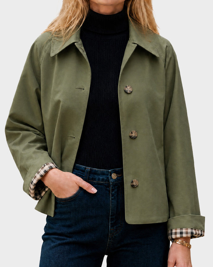 Cropped water-repellent trench jacket with check cuffs for women