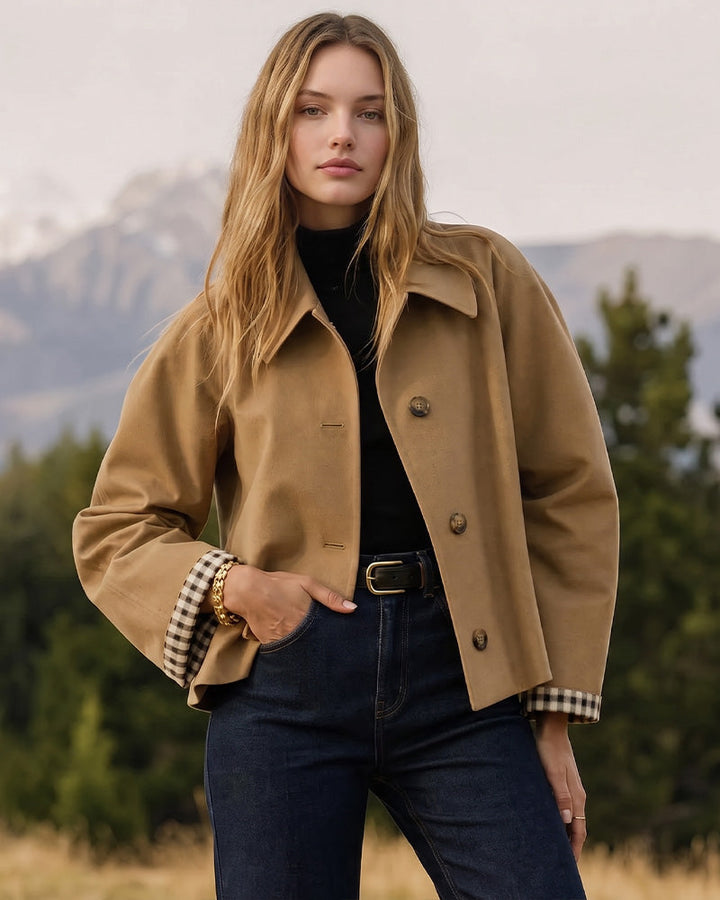 Cropped water-repellent trench jacket with check cuffs for women