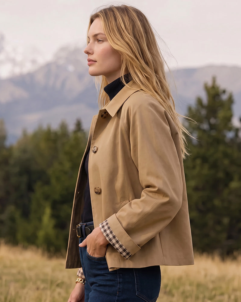 Cropped water-repellent trench jacket with check cuffs for women