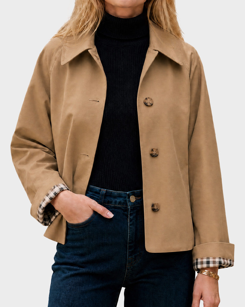 Cropped water-repellent trench jacket with check cuffs for women