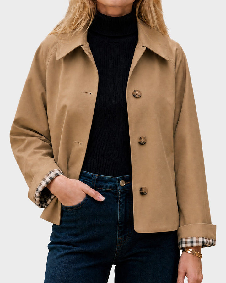 Cropped water-repellent trench jacket with check cuffs for women
