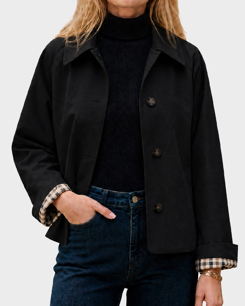 Cropped water-repellent trench jacket with check cuffs for women