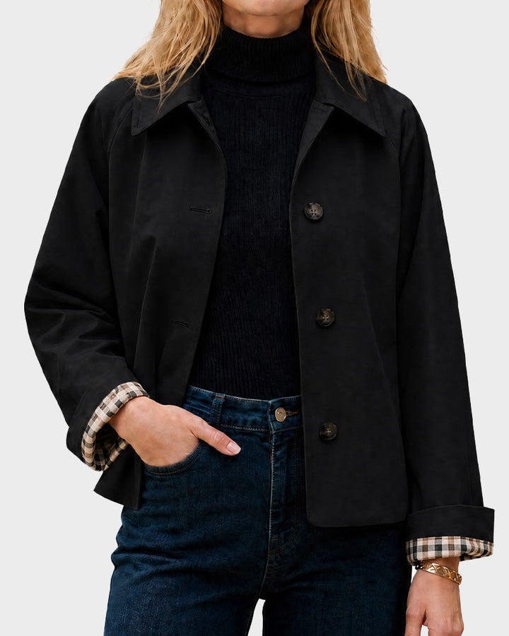 Cropped water-repellent trench jacket with check cuffs for women