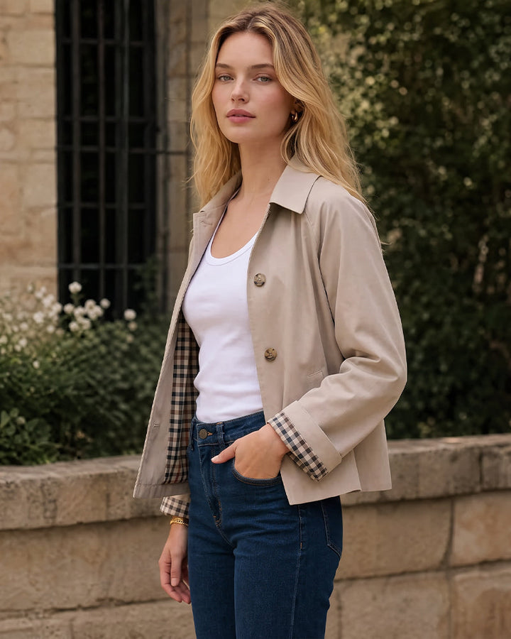 Cropped water-repellent trench jacket with check cuffs for women