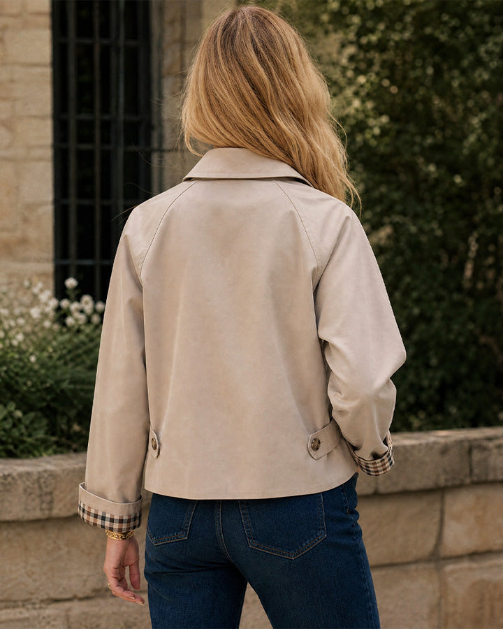 Cropped water-repellent trench jacket with check cuffs for women