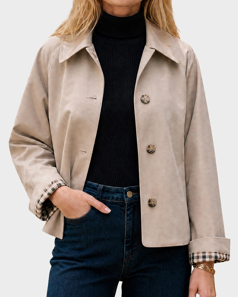 Cropped water-repellent trench jacket with check cuffs for women