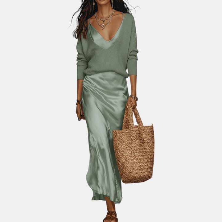 Knit sweater and satin midi skirt set two-piece for women