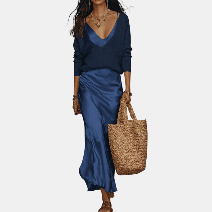Knit sweater and satin midi skirt set two-piece for women
