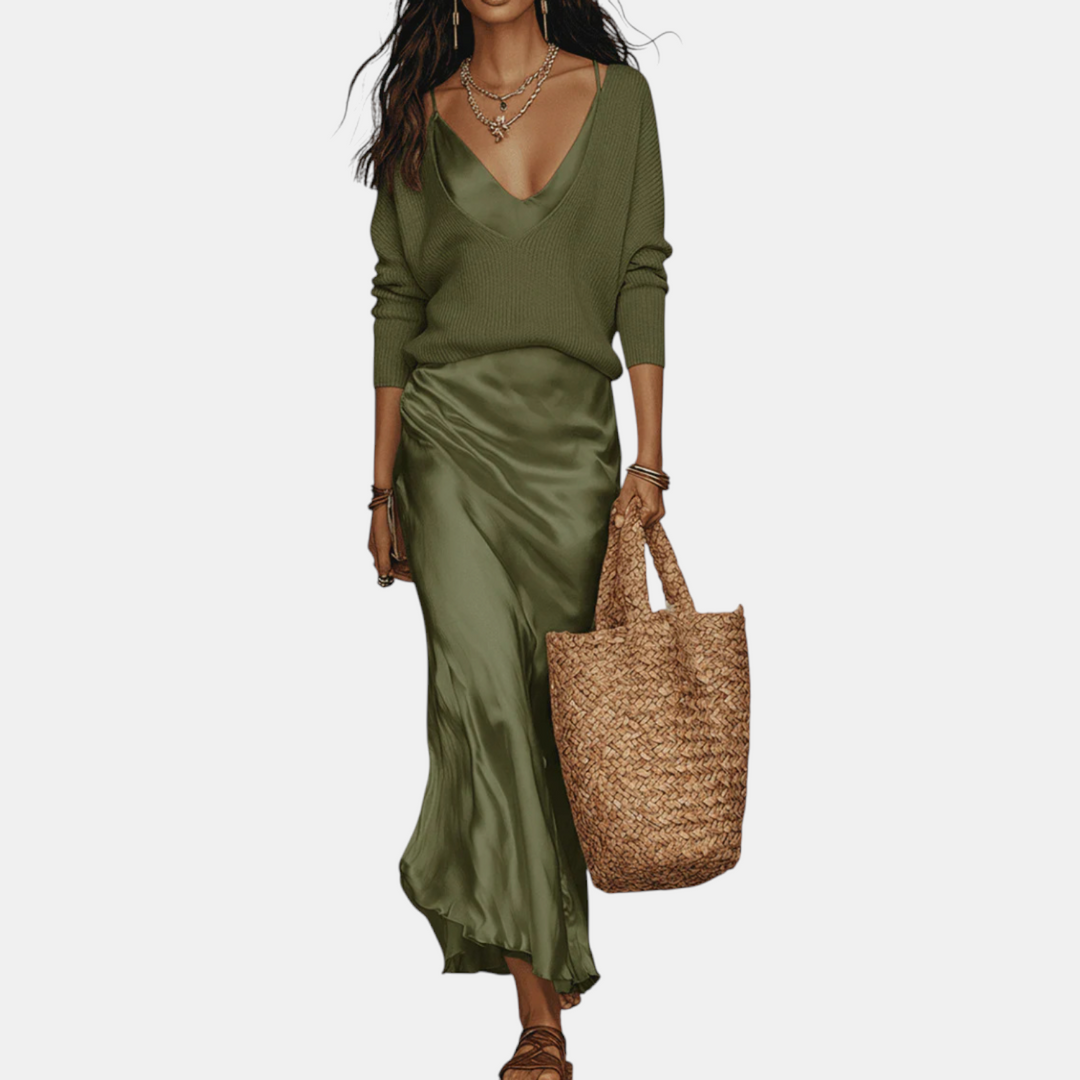 Knit sweater and satin midi skirt set two-piece for women
