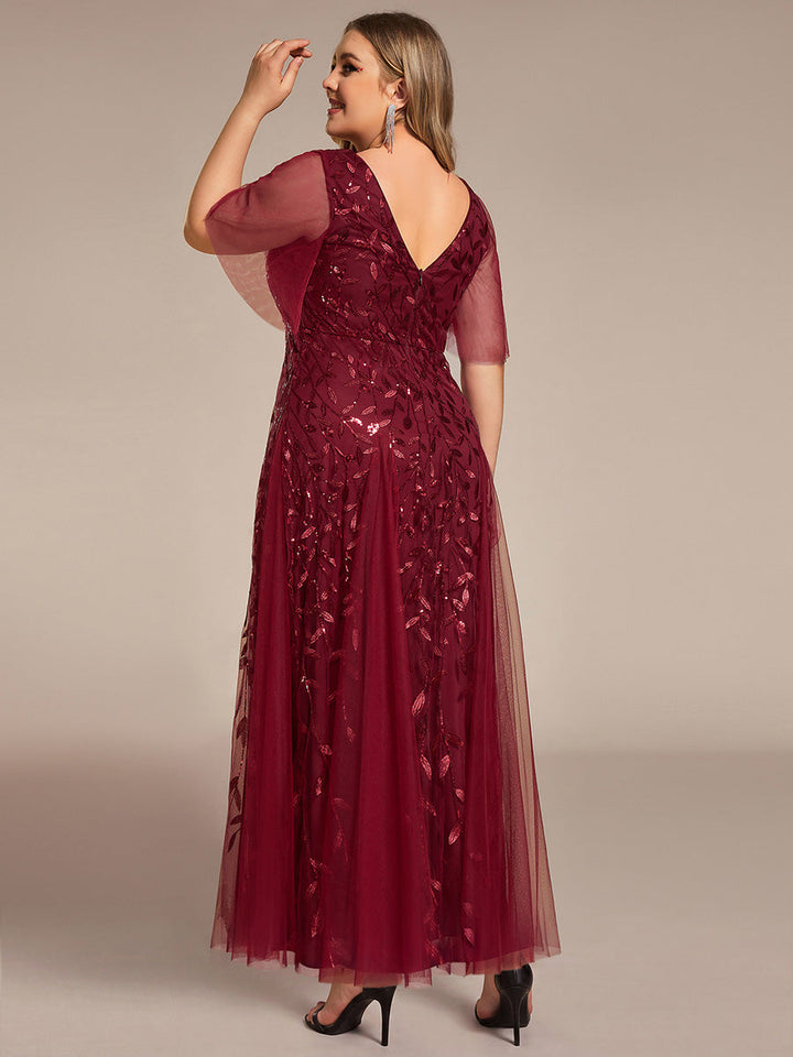 Plus size shimmery leaf sequin V-neck evening gown with ruffle sleeves for women