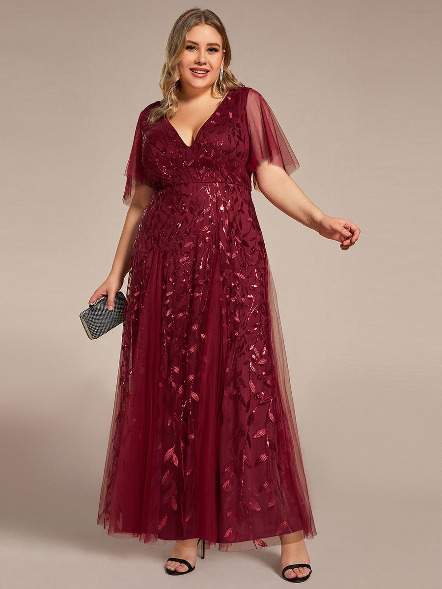 Plus size shimmery leaf sequin V-neck evening gown with ruffle sleeves for women