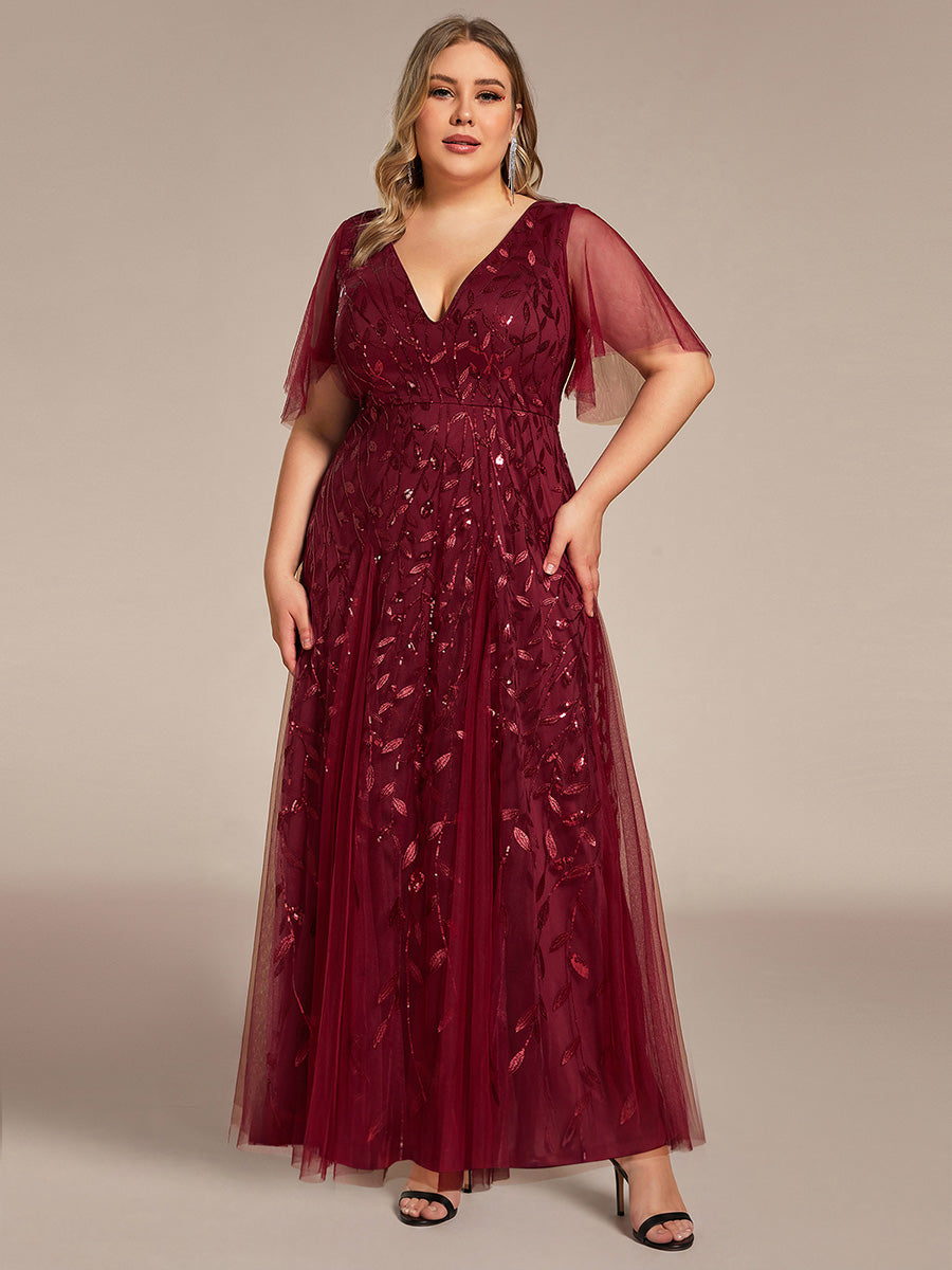 Plus size shimmery leaf sequin V-neck evening gown with ruffle sleeves for women