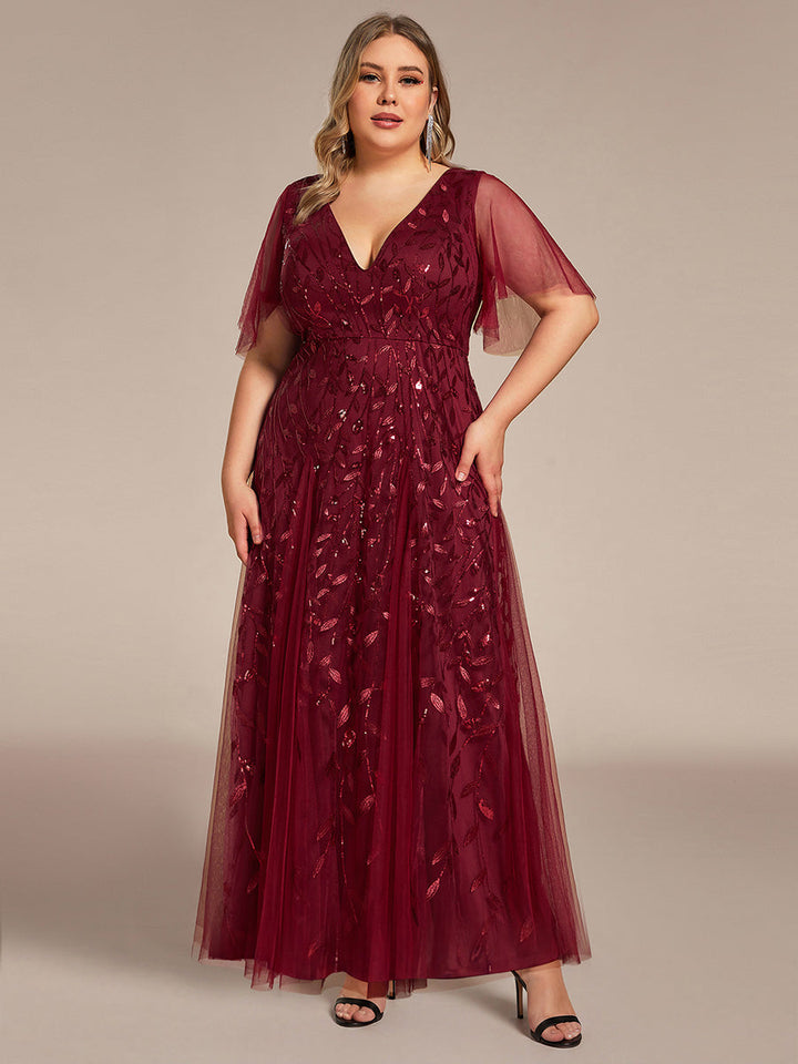 Plus size shimmery leaf sequin V-neck evening gown with ruffle sleeves for women