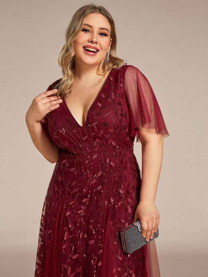 Plus size shimmery leaf sequin V-neck evening gown with ruffle sleeves for women