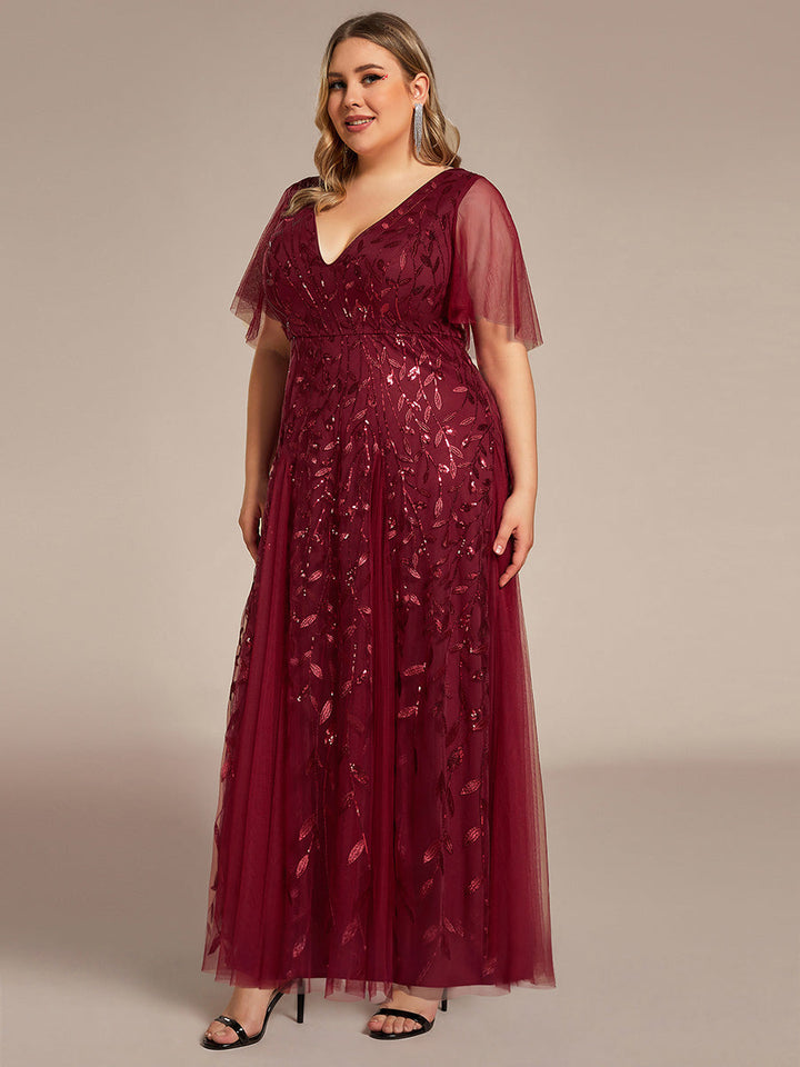 Plus size shimmery leaf sequin V-neck evening gown with ruffle sleeves for women