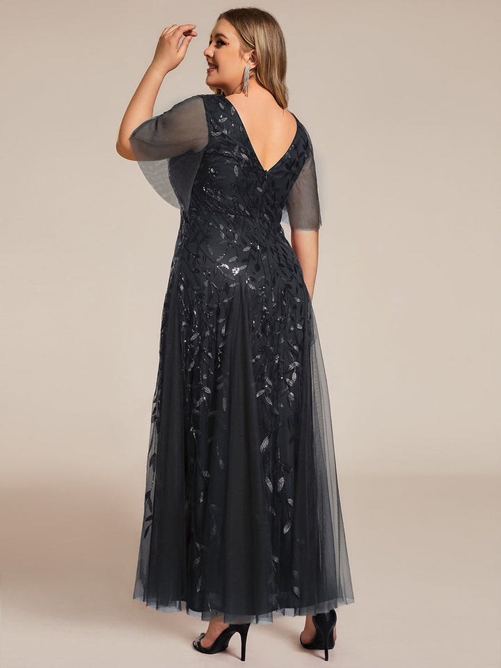 Plus size shimmery leaf sequin V-neck evening gown with ruffle sleeves for women