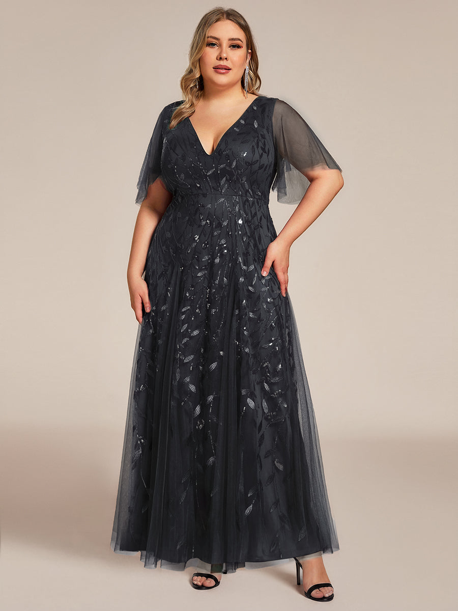 Plus size shimmery leaf sequin V-neck evening gown with ruffle sleeves for women