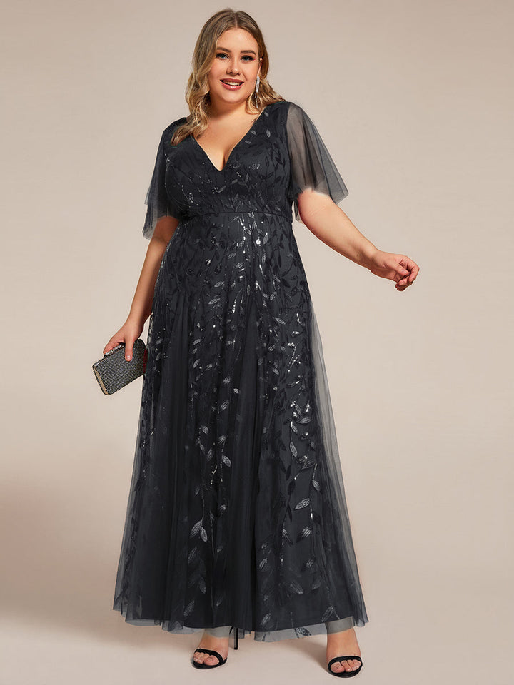 Plus size shimmery leaf sequin V-neck evening gown with ruffle sleeves for women