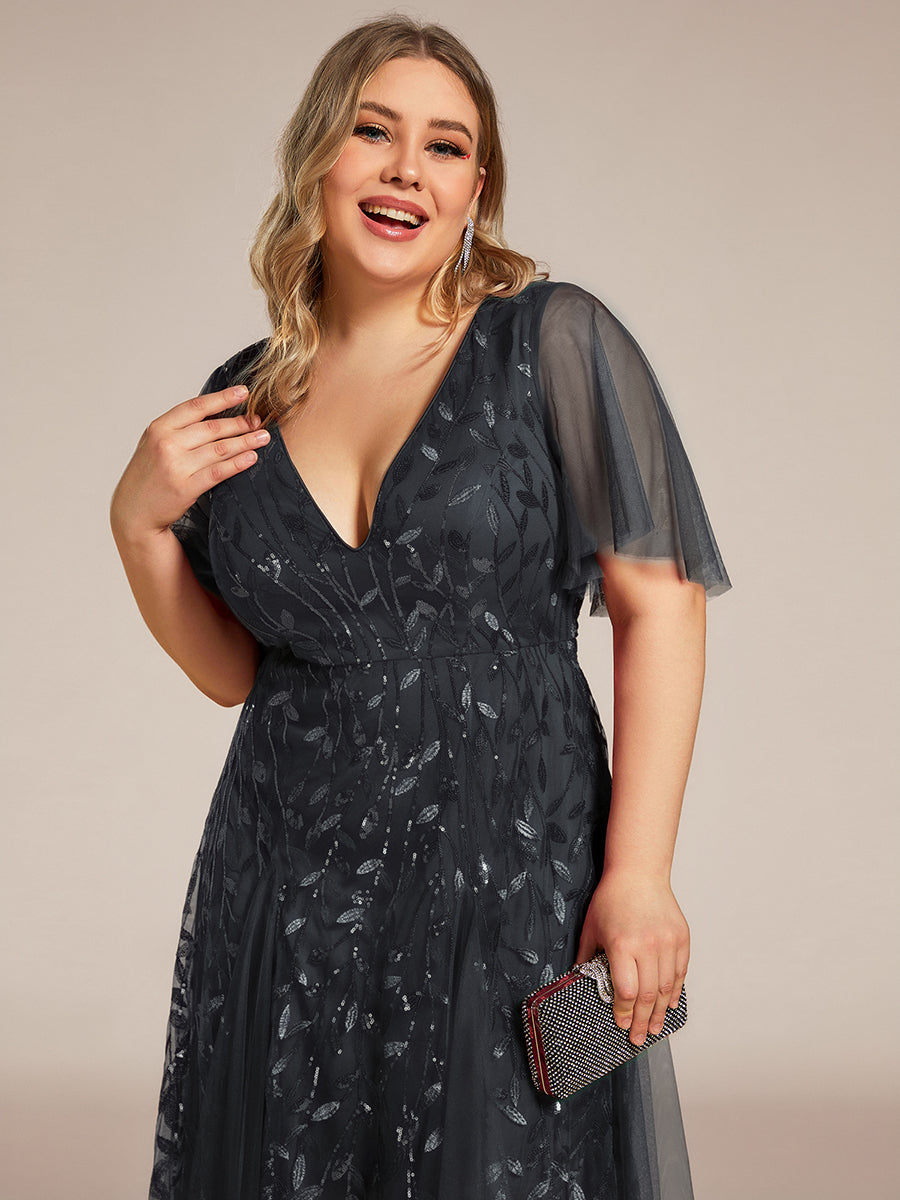 Plus size shimmery leaf sequin V-neck evening gown with ruffle sleeves for women