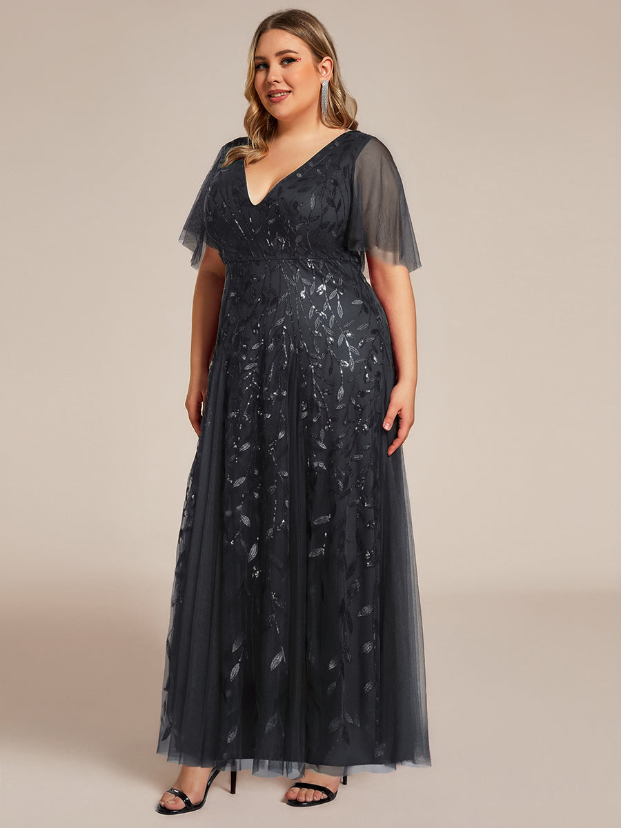 Plus size shimmery leaf sequin V-neck evening gown with ruffle sleeves for women