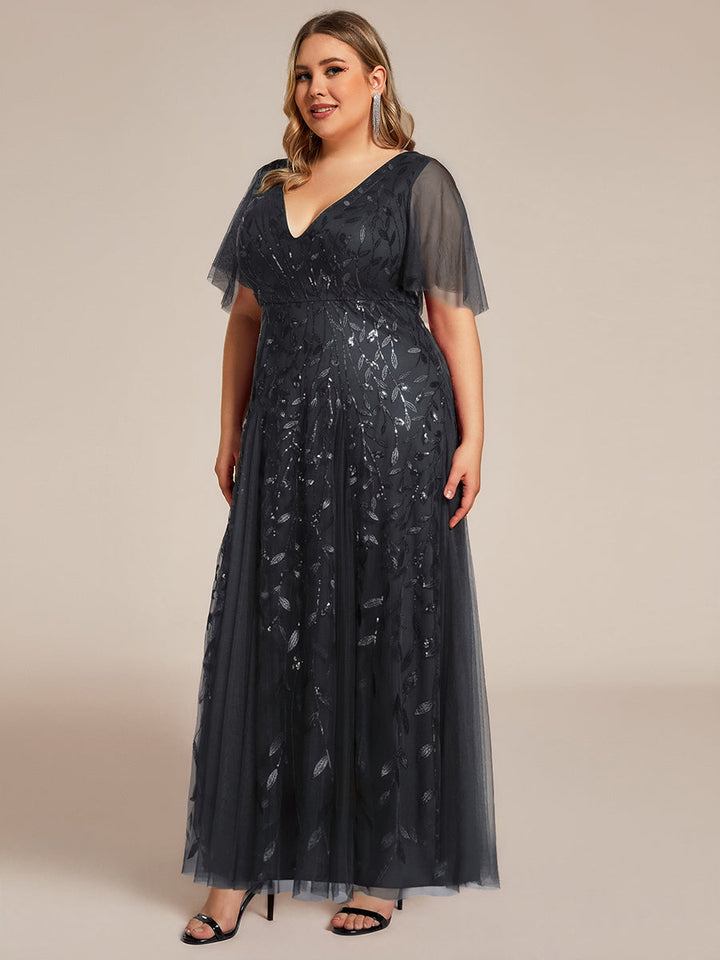 Plus size shimmery leaf sequin V-neck evening gown with ruffle sleeves for women