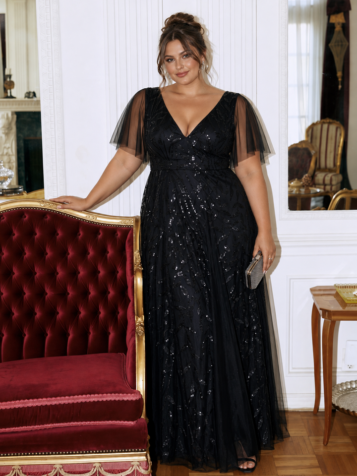 Plus size shimmery leaf sequin V-neck evening gown with ruffle sleeves for women