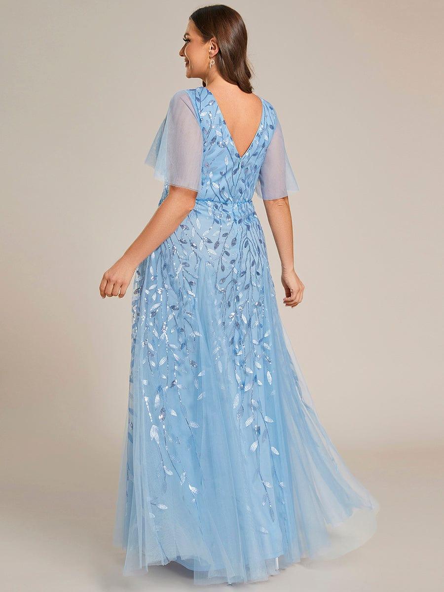 Plus size shimmery leaf sequin V-neck evening gown with ruffle sleeves for women