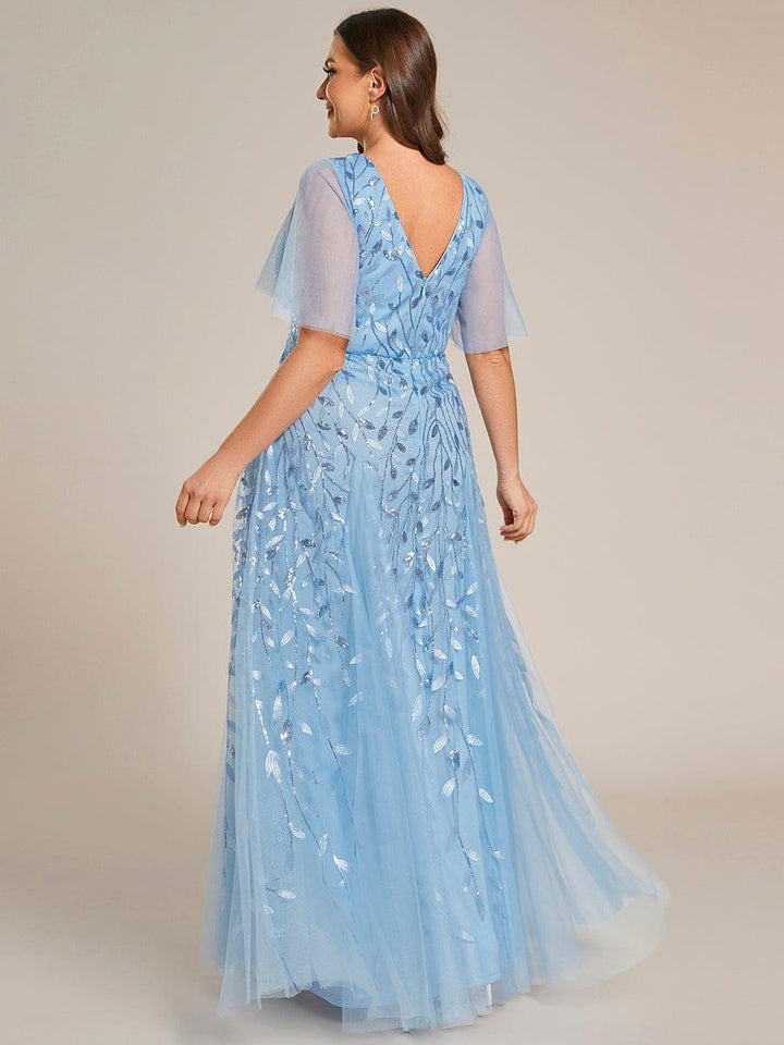 Plus size shimmery leaf sequin V-neck evening gown with ruffle sleeves for women