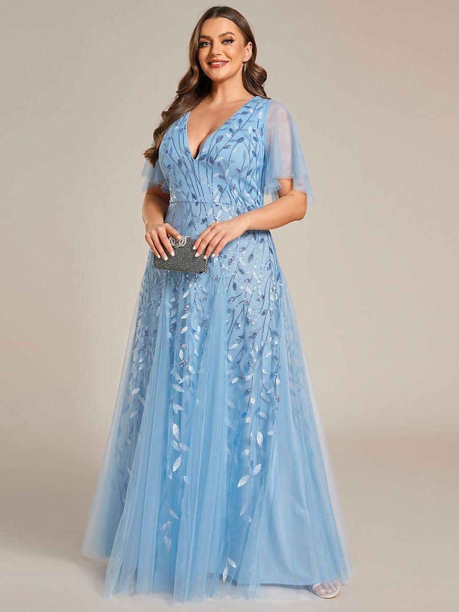 Plus size shimmery leaf sequin V-neck evening gown with ruffle sleeves for women